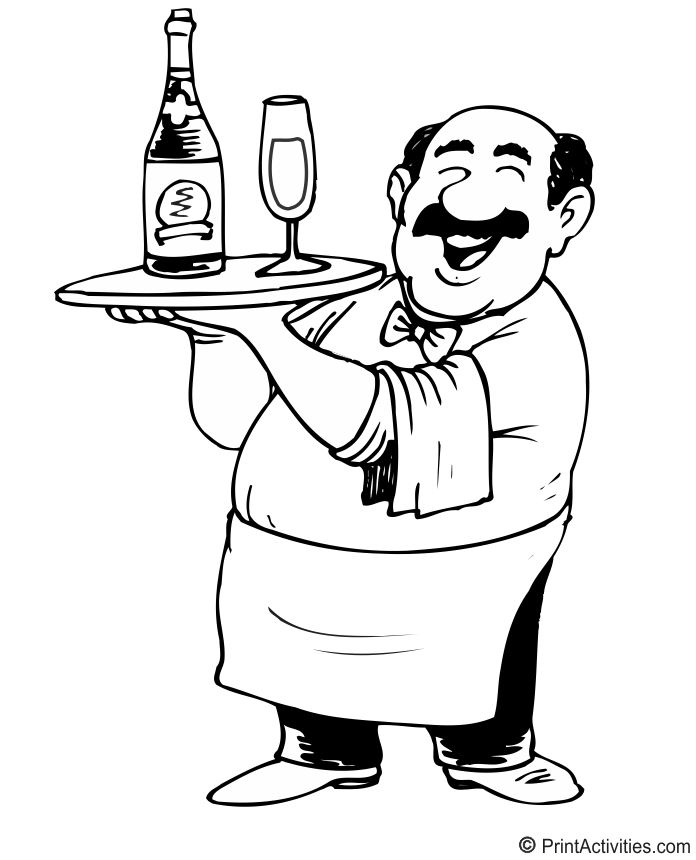Waiter Coloring Page | Carrying Tray of Drinks